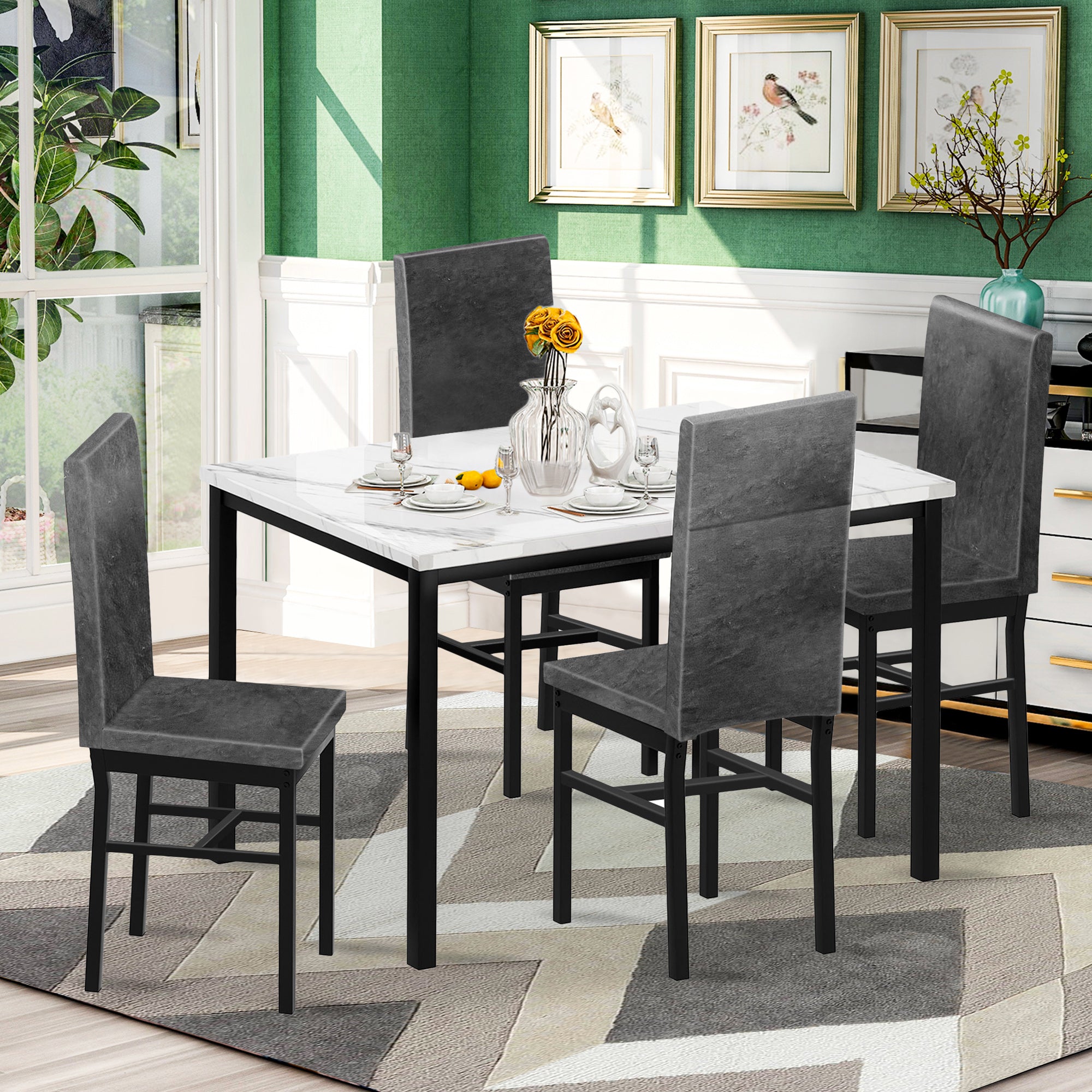 PAPROOS Dining Table Set for 4, Modern 5-Piece Kitchen Table Set with Marble Top and Faux Leather Upholstery Chairs