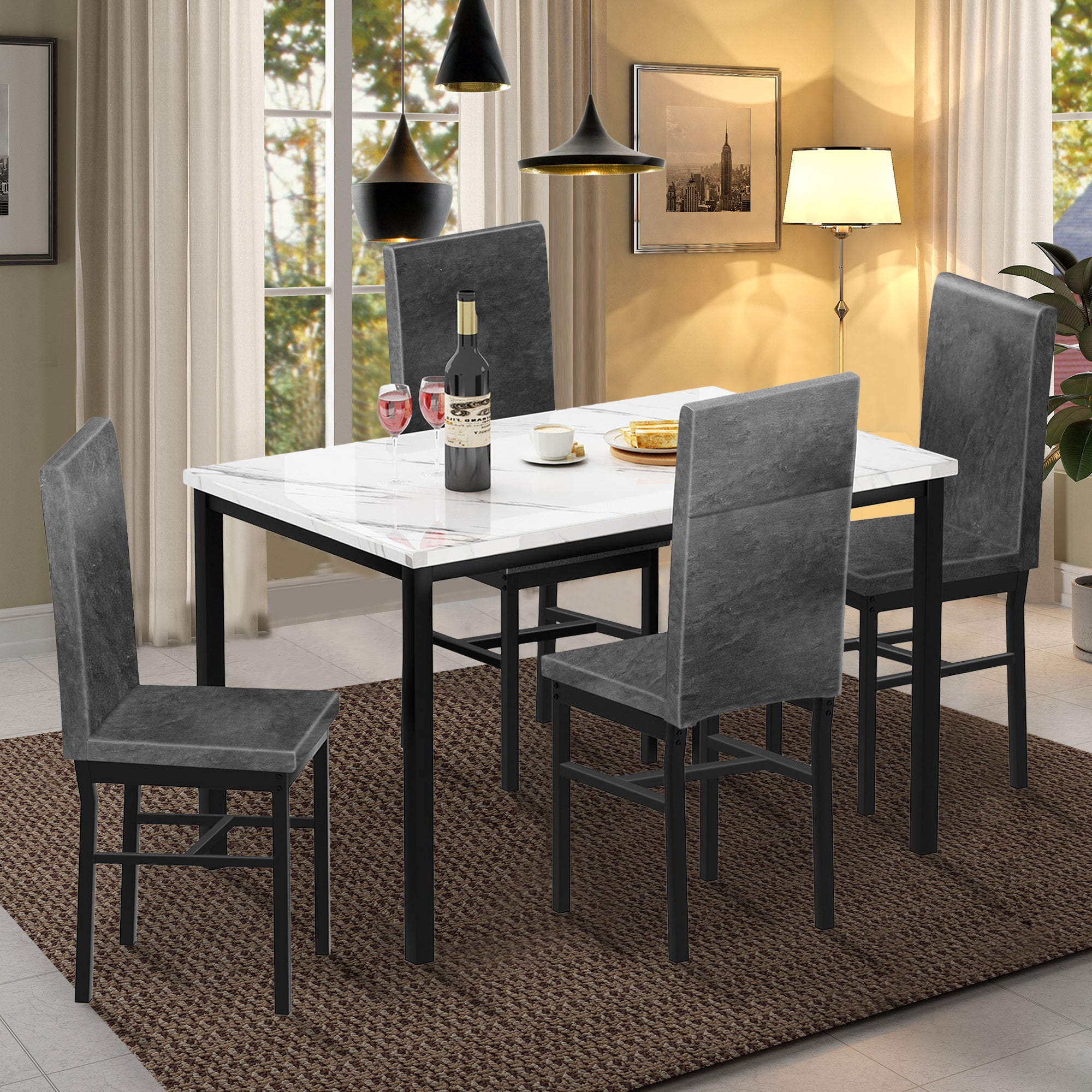 PAPROOS Dining Table Set for 4, Modern 5-Piece Kitchen Table Set with Marble Top and Faux Leather Upholstery Chairs