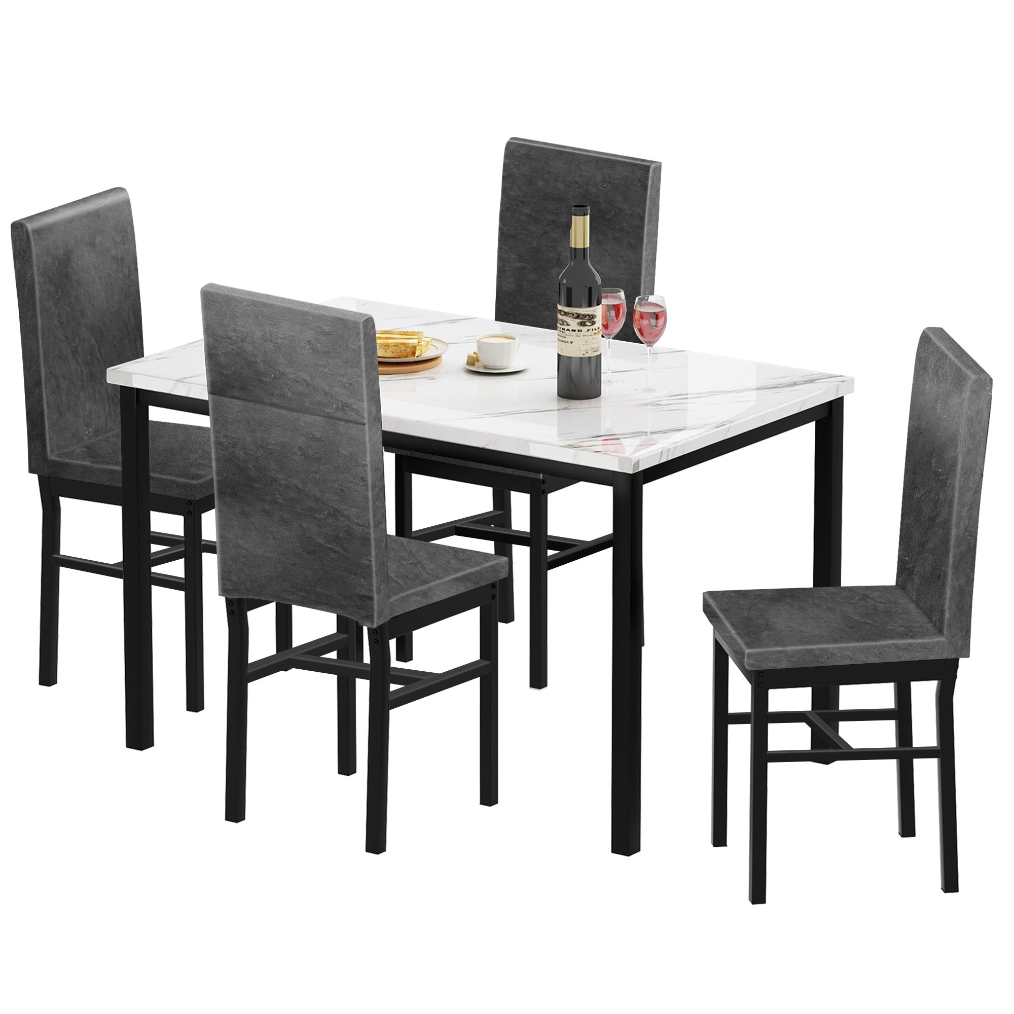 PAPROOS Dining Table Set for 4, Modern 5-Piece Kitchen Table Set with Marble Top and Faux Leather Upholstery Chairs