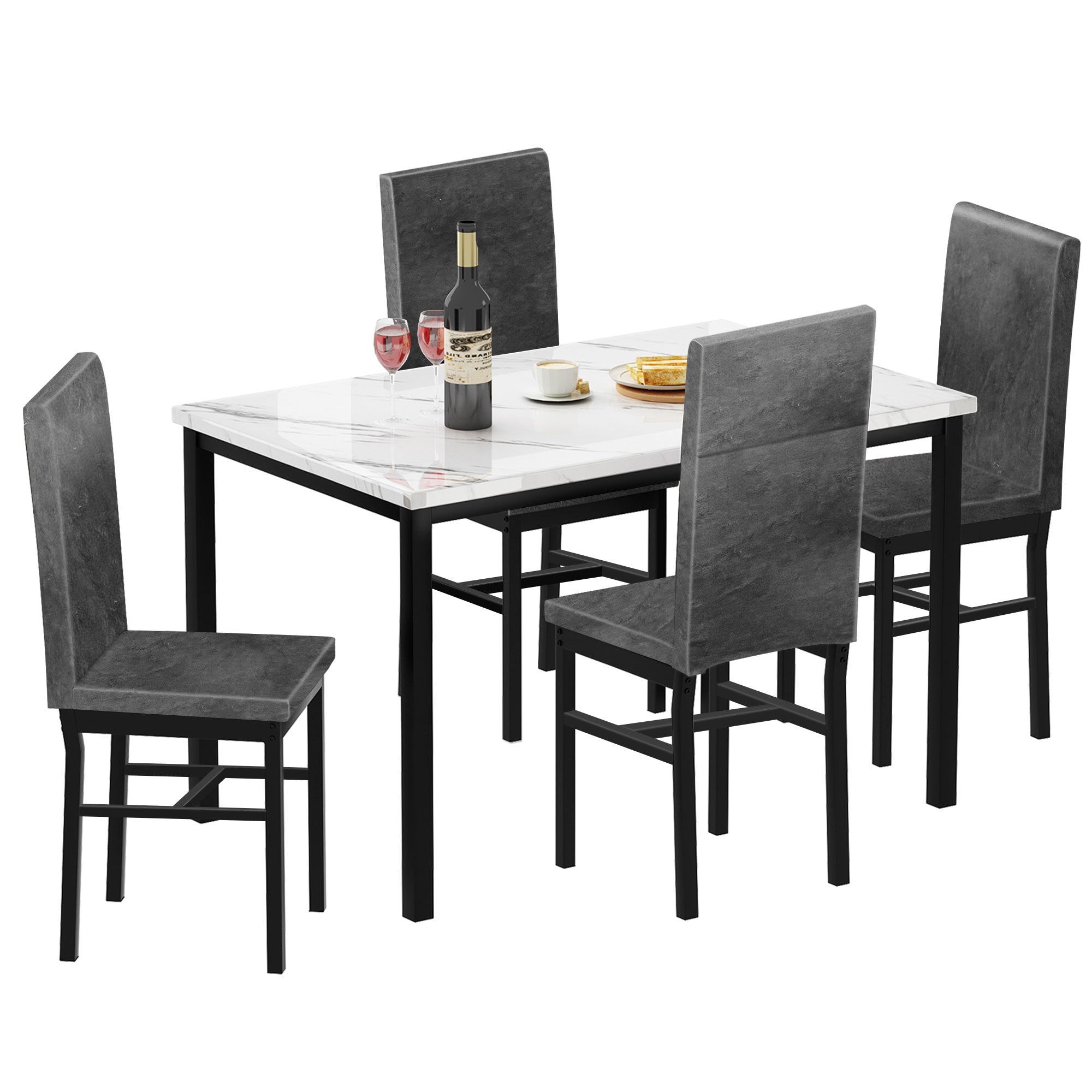 PAPROOS Dining Table Set for 4, Modern 5-Piece Kitchen Table Set with Marble Top and Faux Leather Upholstery Chairs
