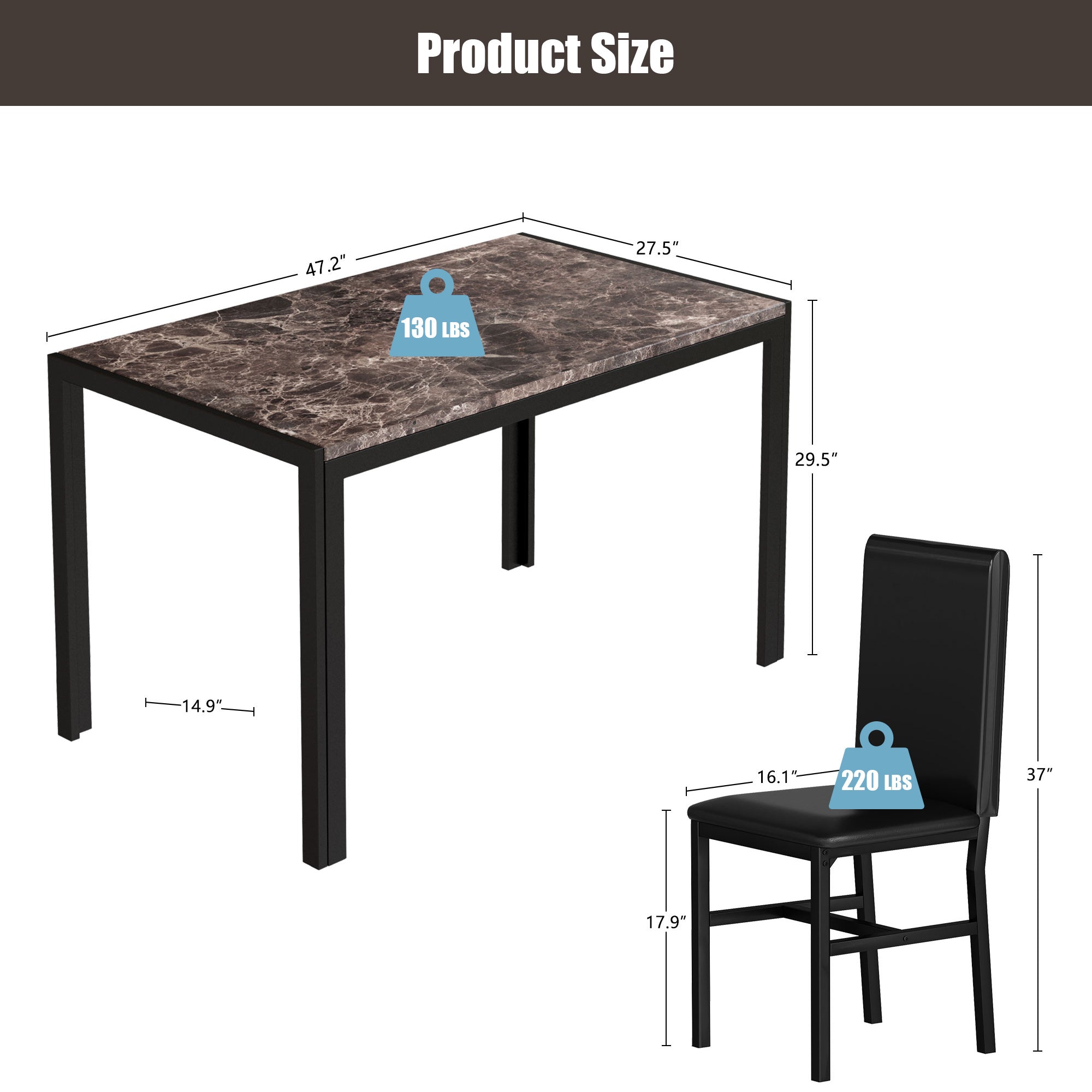 PAPROOS Dining Table Set for 4, Modern 5-Piece Kitchen Table Set with Marble Top and Faux Leather Upholstery Chairs