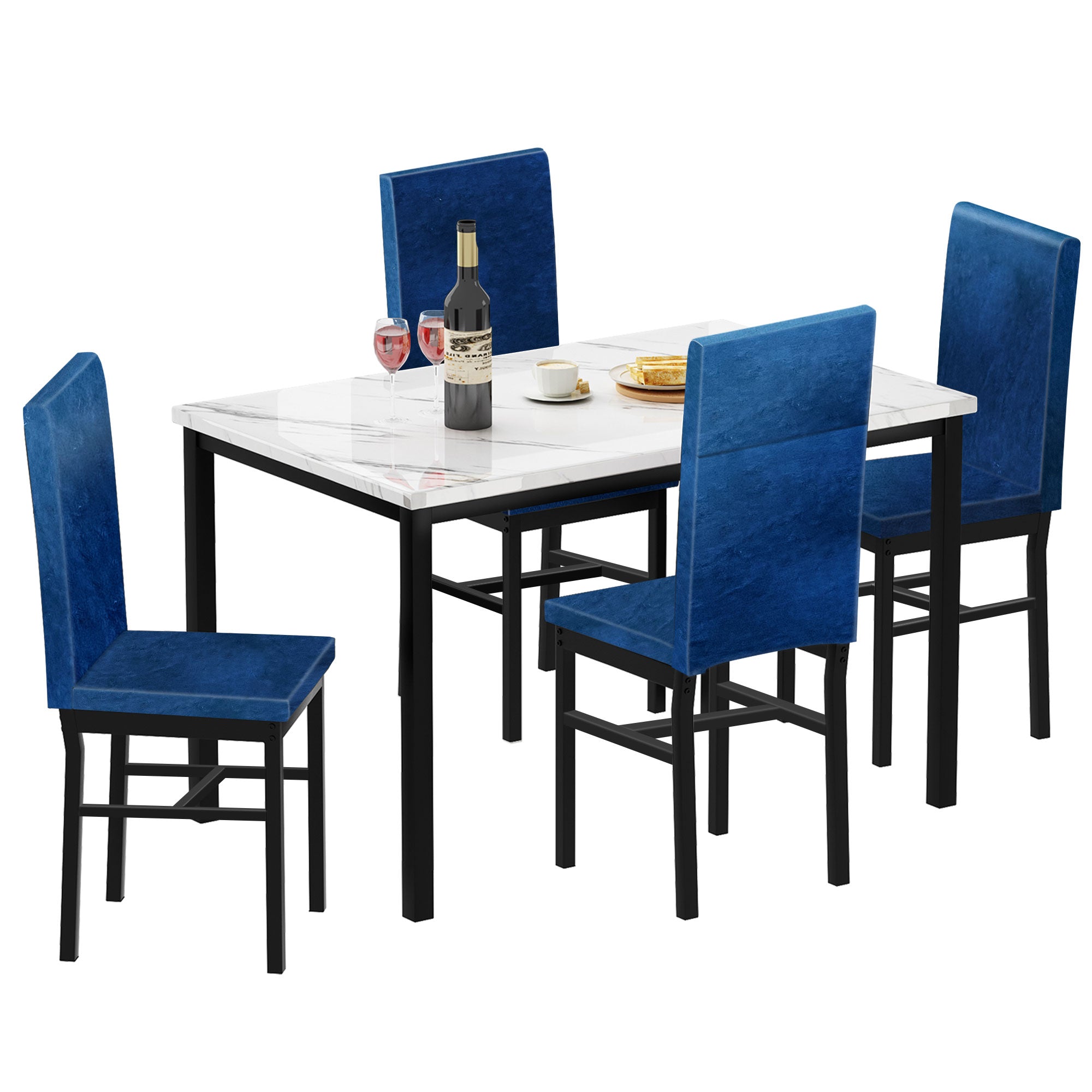 PAPROOS Dining Table Set for 4, Modern 5-Piece Kitchen Table Set with Marble Top and Faux Leather Upholstery Chairs