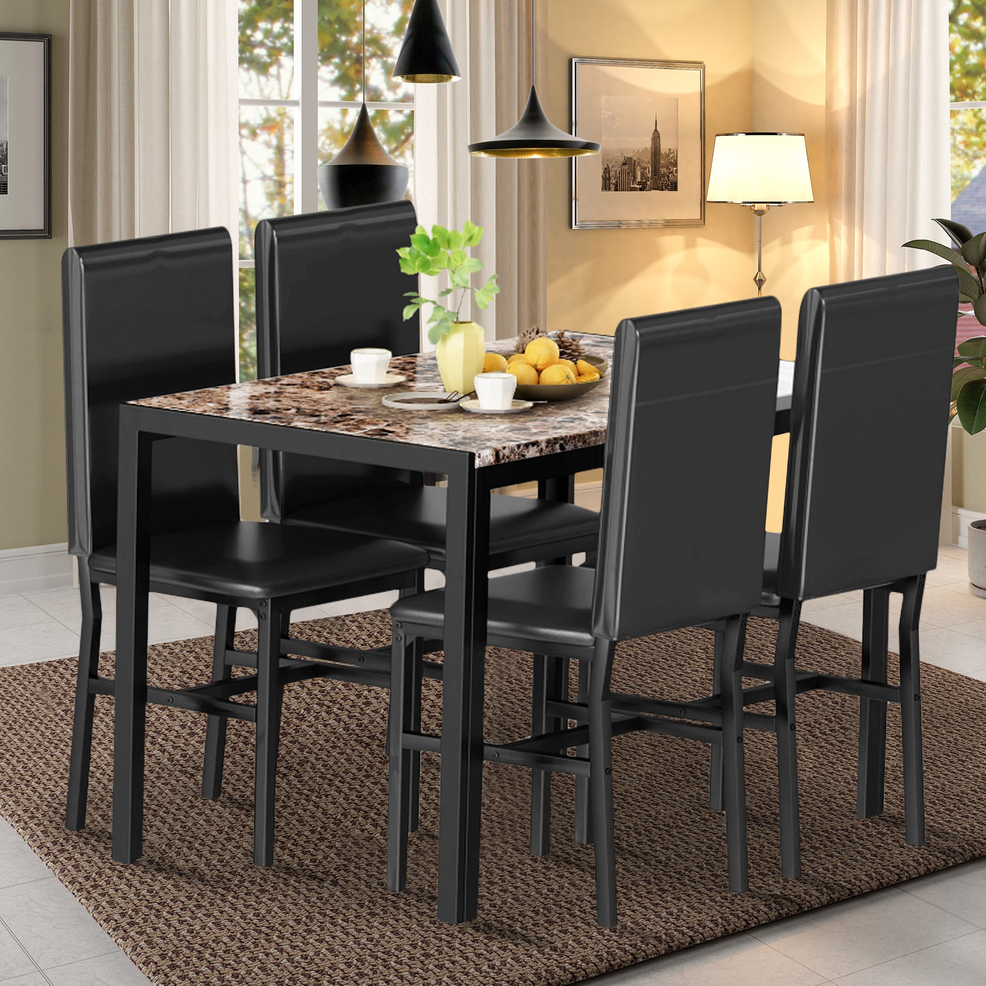 PAPROOS Dining Table Set for 4, Modern 5-Piece Kitchen Table Set with Marble Top and Faux Leather Upholstery Chairs