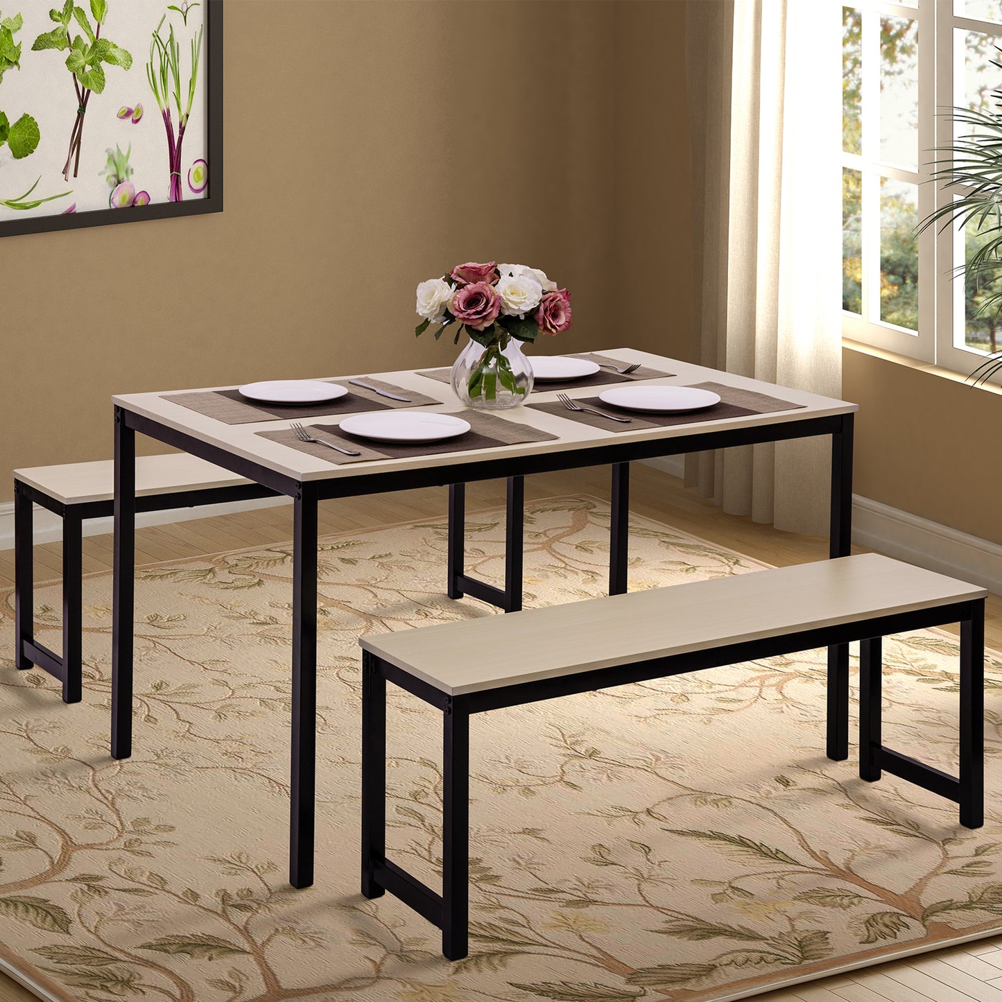 BTMWAY Dining Table Set with 2 Benches, LJC02