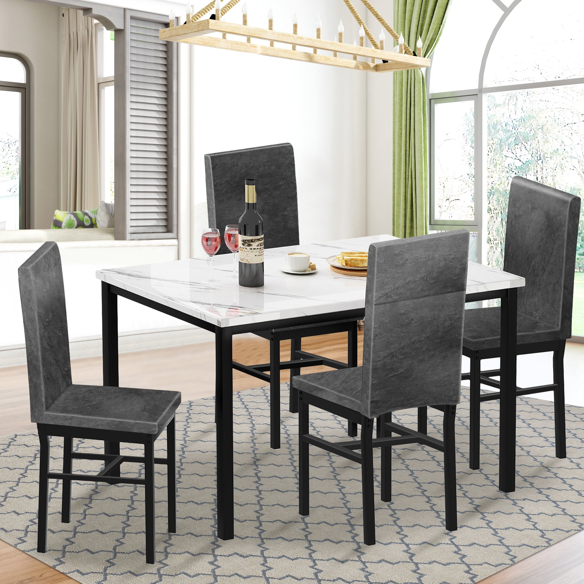 PAPROOS Dining Table Set for 4, Modern 5-Piece Kitchen Table Set with Marble Top and Faux Leather Upholstery Chairs