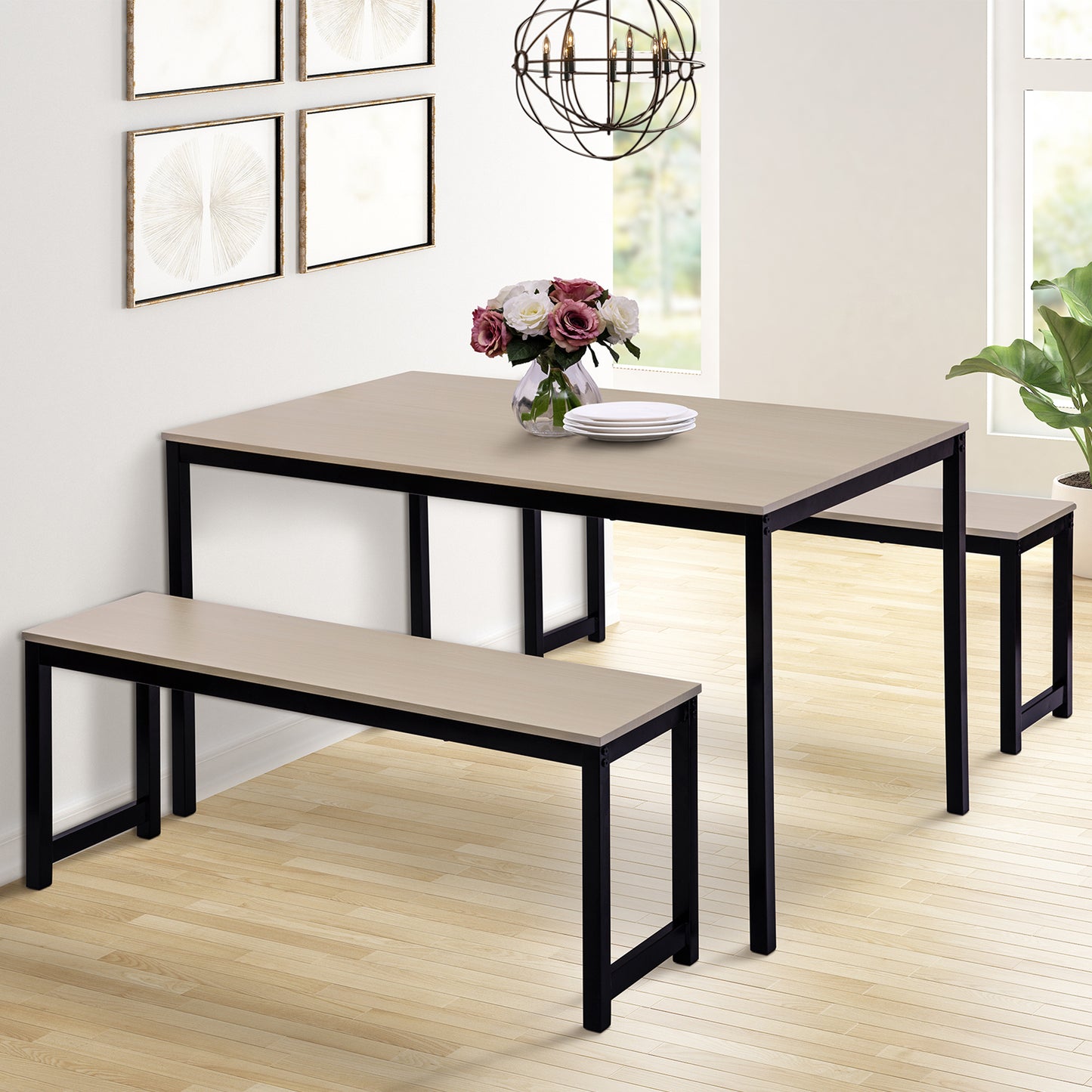 BTMWAY Dining Table Set with 2 Benches, LJC02