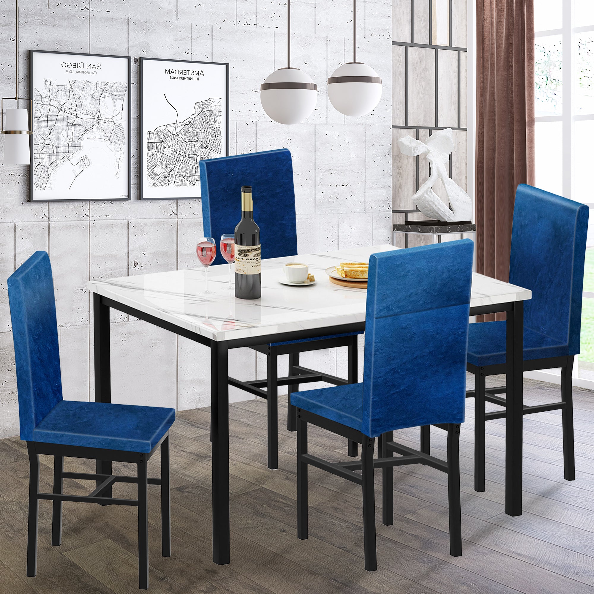 PAPROOS Dining Table Set for 4, Modern 5-Piece Kitchen Table Set with Marble Top and Faux Leather Upholstery Chairs