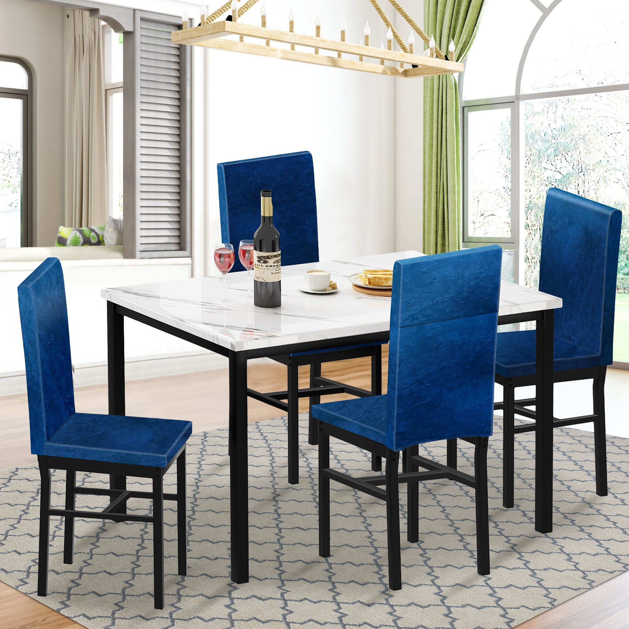 PAPROOS Dining Table Set for 4, Modern 5-Piece Kitchen Table Set with Marble Top and Faux Leather Upholstery Chairs