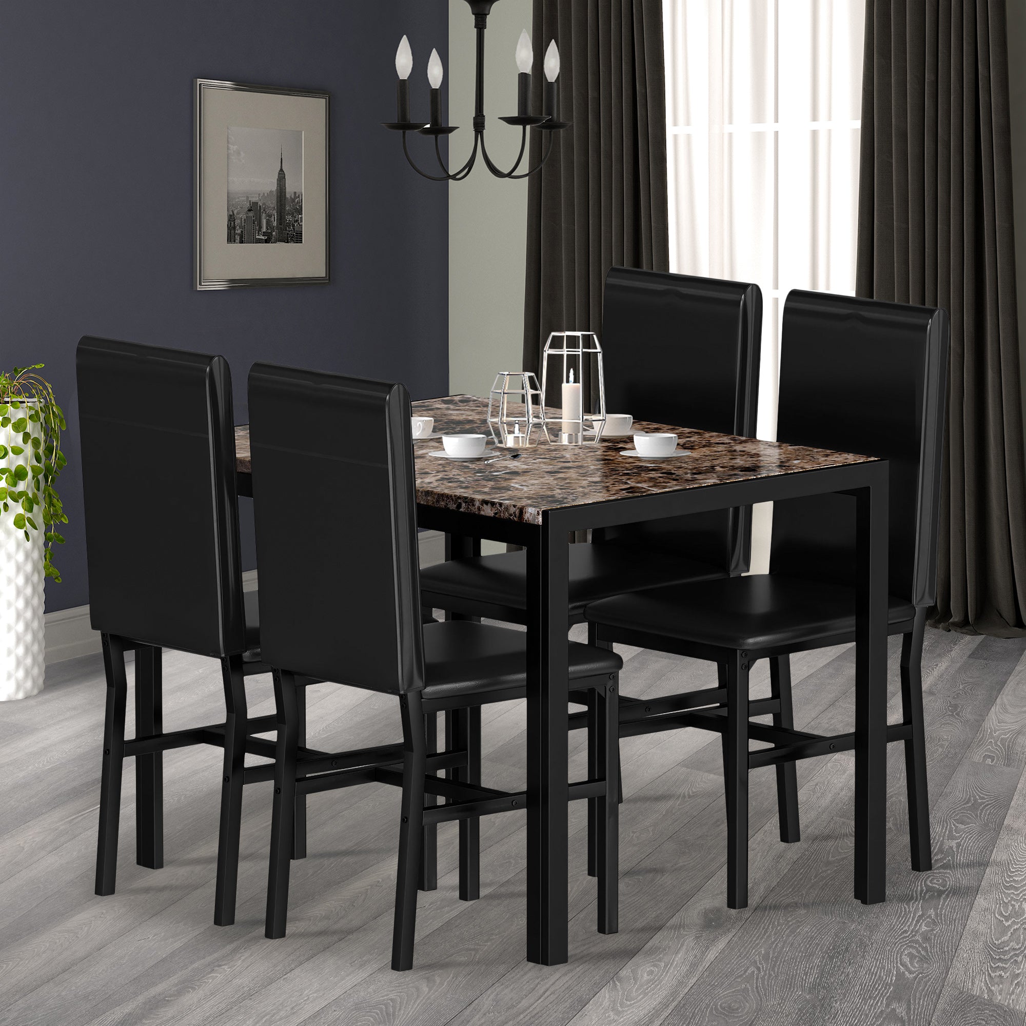 PAPROOS Dining Table Set for 4, Modern 5-Piece Kitchen Table Set with Marble Top and Faux Leather Upholstery Chairs