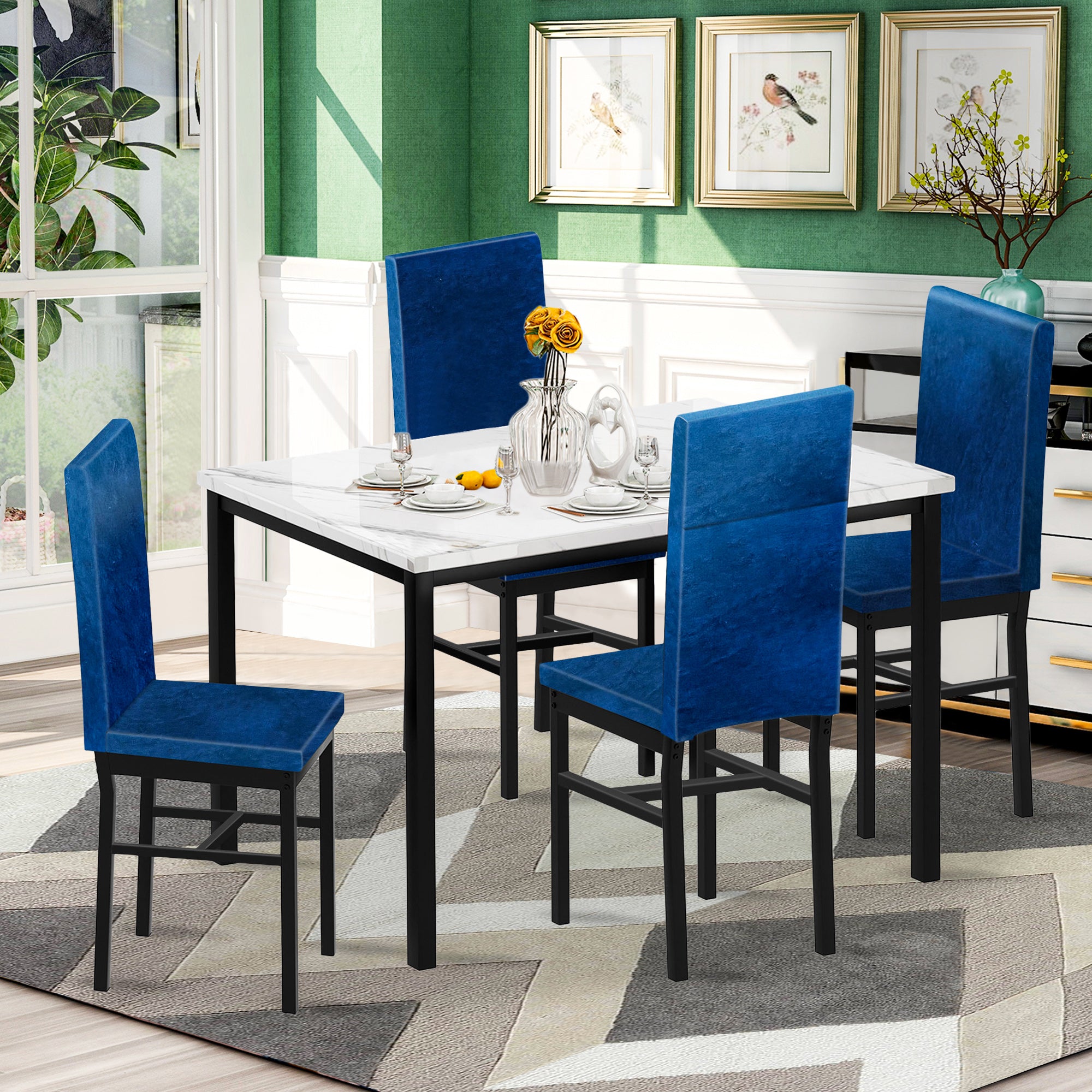 PAPROOS Dining Table Set for 4, Modern 5-Piece Kitchen Table Set with Marble Top and Faux Leather Upholstery Chairs