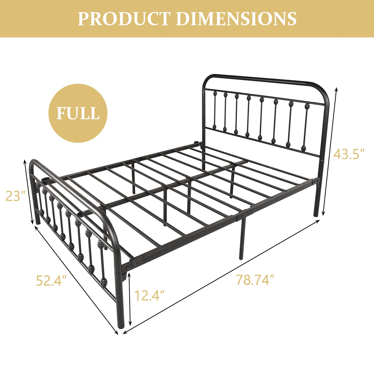 paproos Full Size Platform Steel Bed Frame, Full Size Bed Mattress Foundation Support with Vintage Headboard and Footboard, Black Iron-Art Platform Bed, No Box Spring Need
