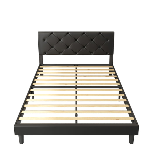 paproos Black Upholstered Platform Bed Queen Size, Modern Faux Leather Platform Bed with Headboard