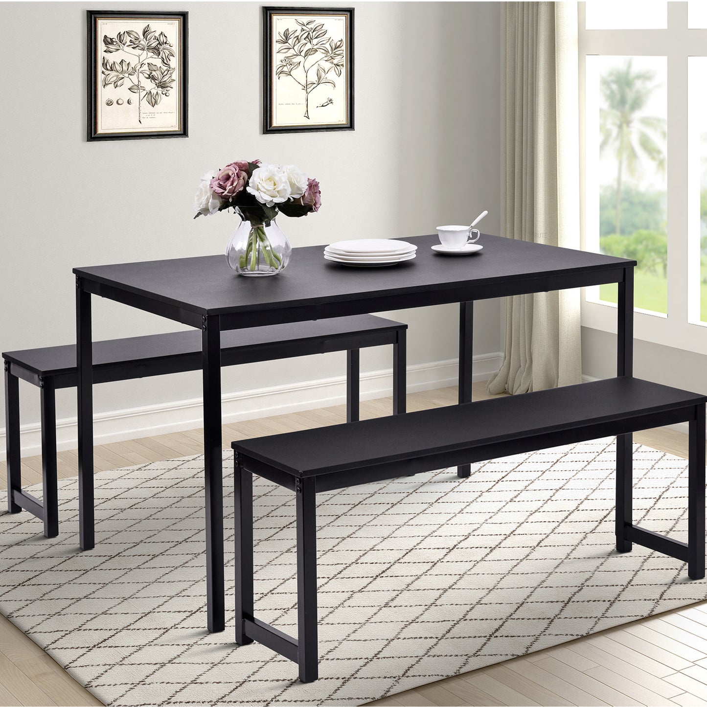 BTMWAY Dining Table Set with 2 Benches, LJC02