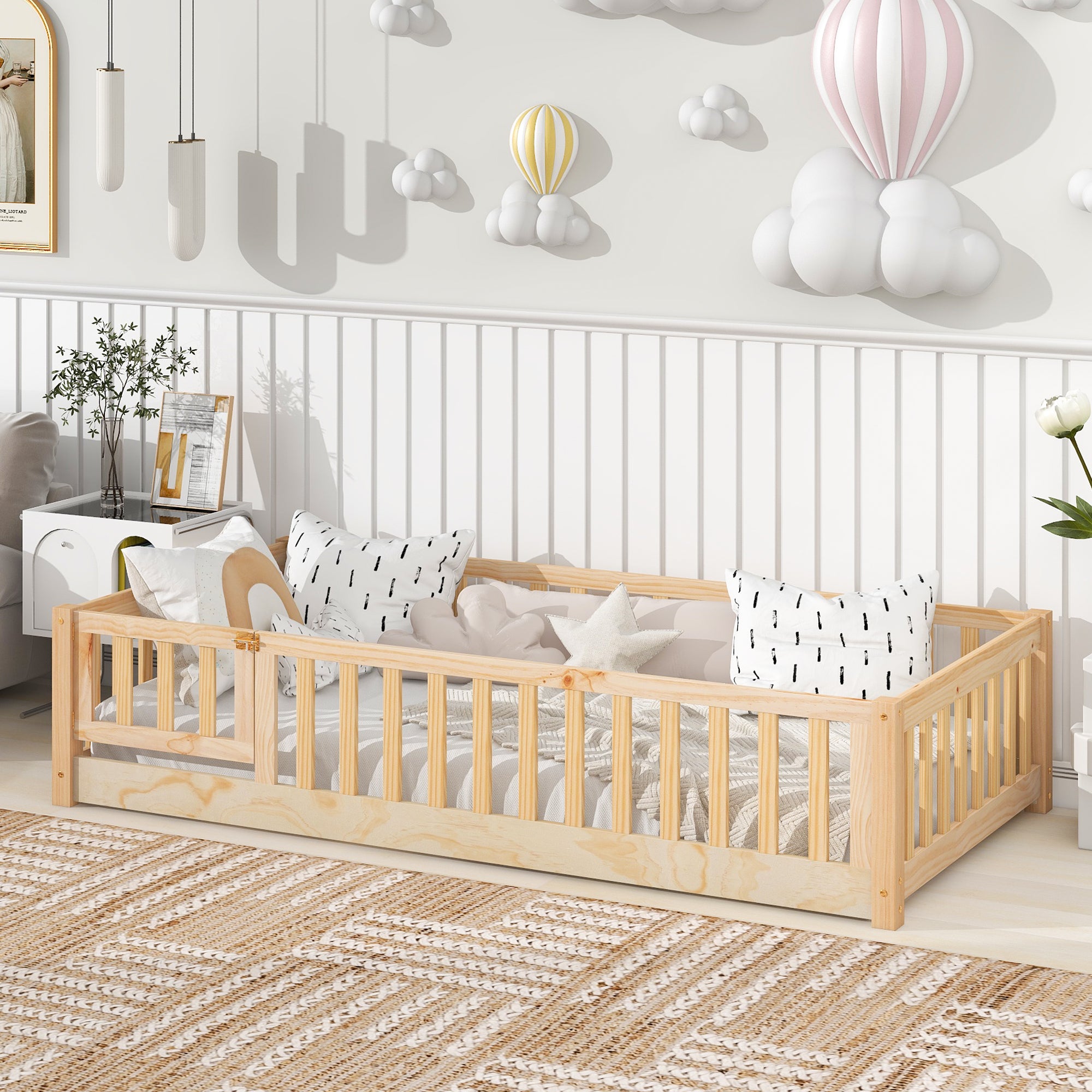 Paproos Floor Bed Frame for Toddler, Wood Platform Bed with Fence and Door