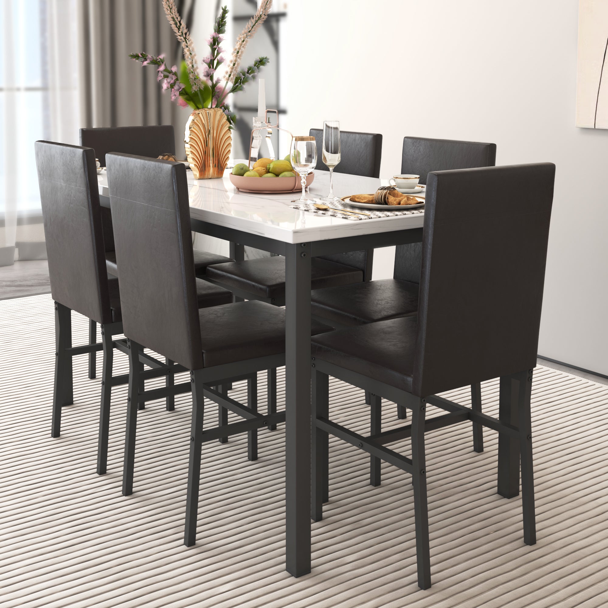 PAPROOS Dining Table Set for 4, Modern 5-Piece Kitchen Table Set with Marble Top and Faux Leather Upholstery Chairs