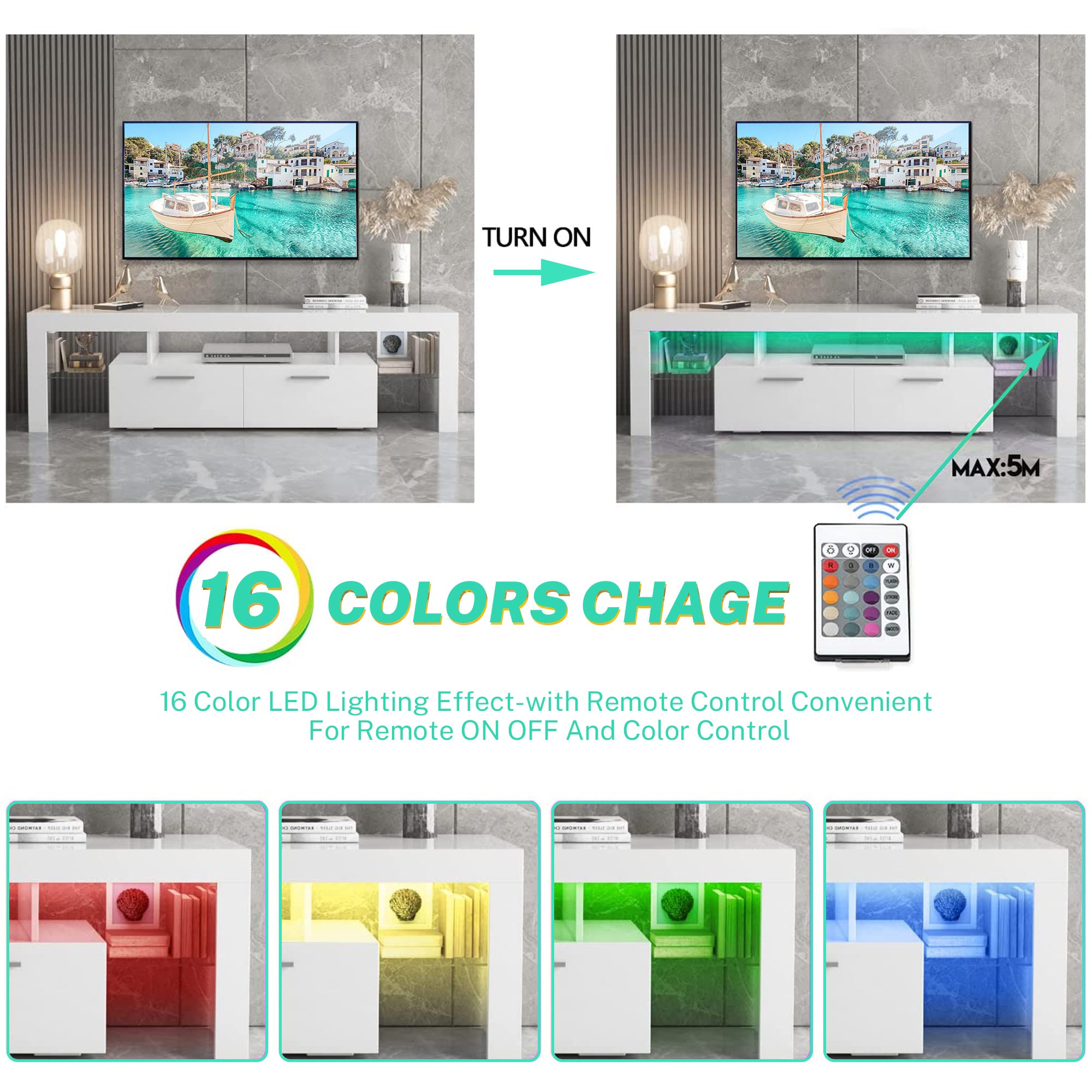 PAPROOS High Gloss TV Stand with LED Lights
