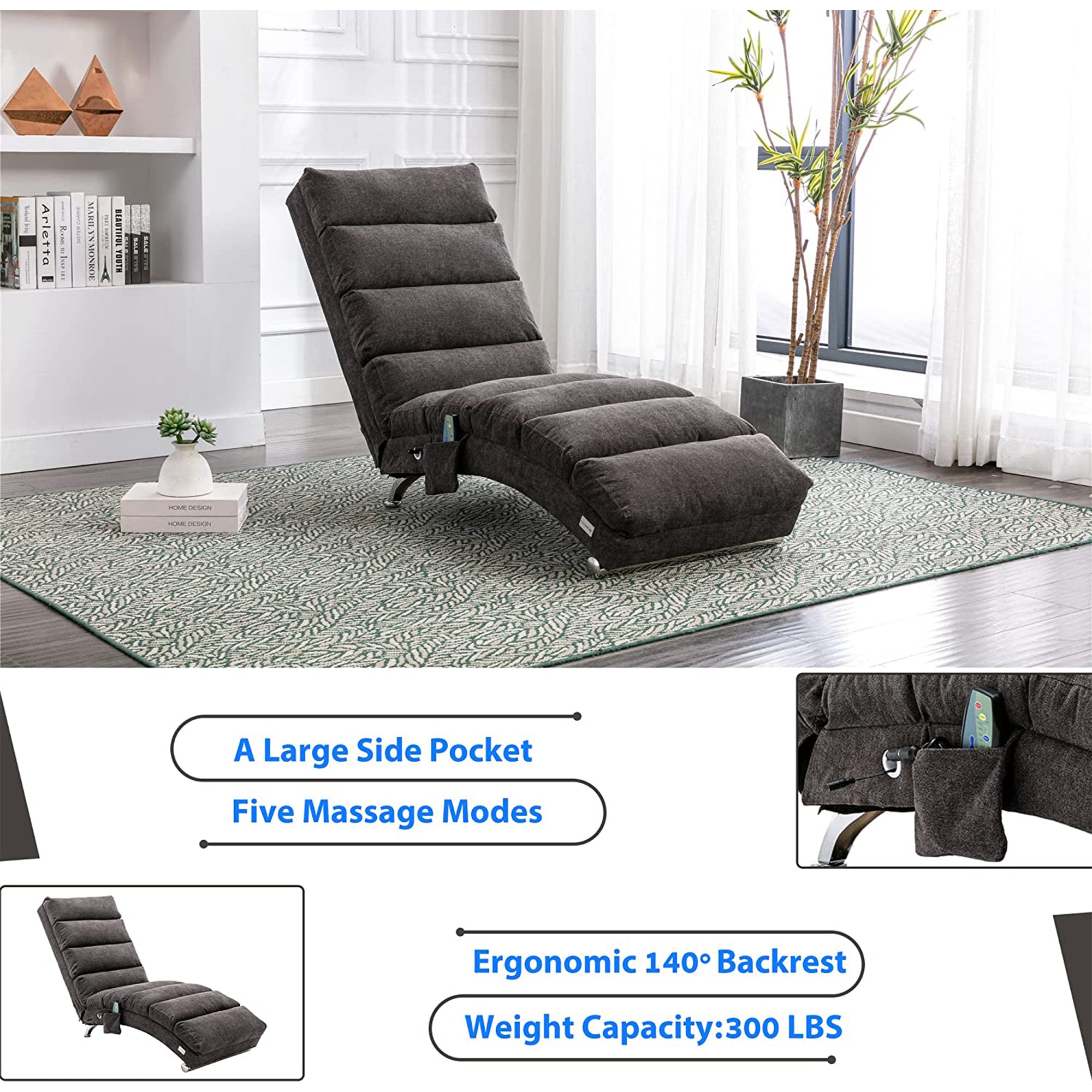 paproos Massage Chaise Lounge, Indoor Ergonomic Electric Massage Long Lounger with Remote Control, LJC