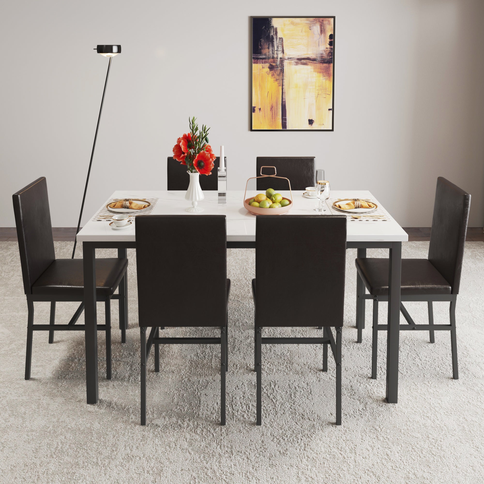 PAPROOS Dining Table Set for 4, Modern 5-Piece Kitchen Table Set with Marble Top and Faux Leather Upholstery Chairs