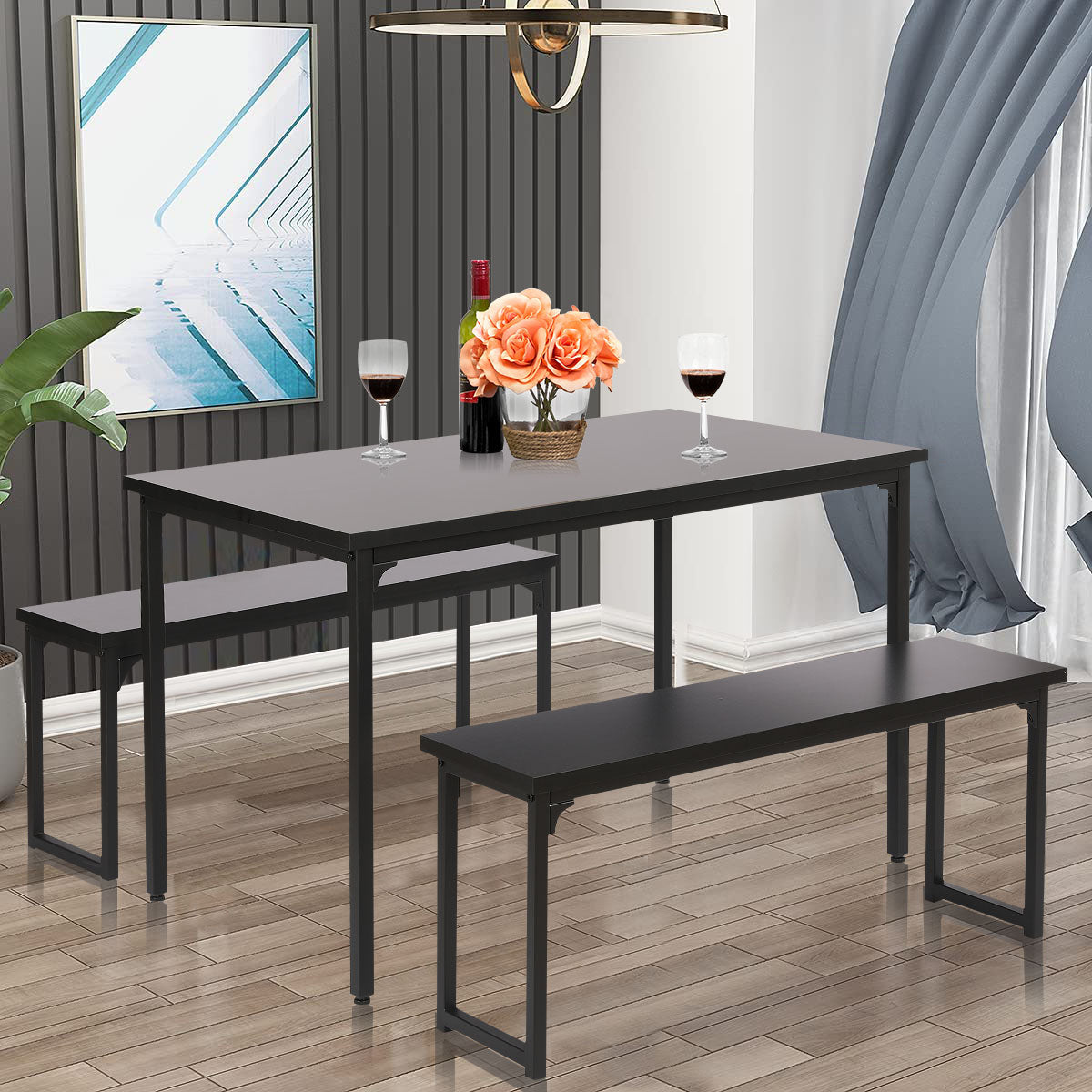 BTMWAY Dining Table Set with 2 Benches, LJC02