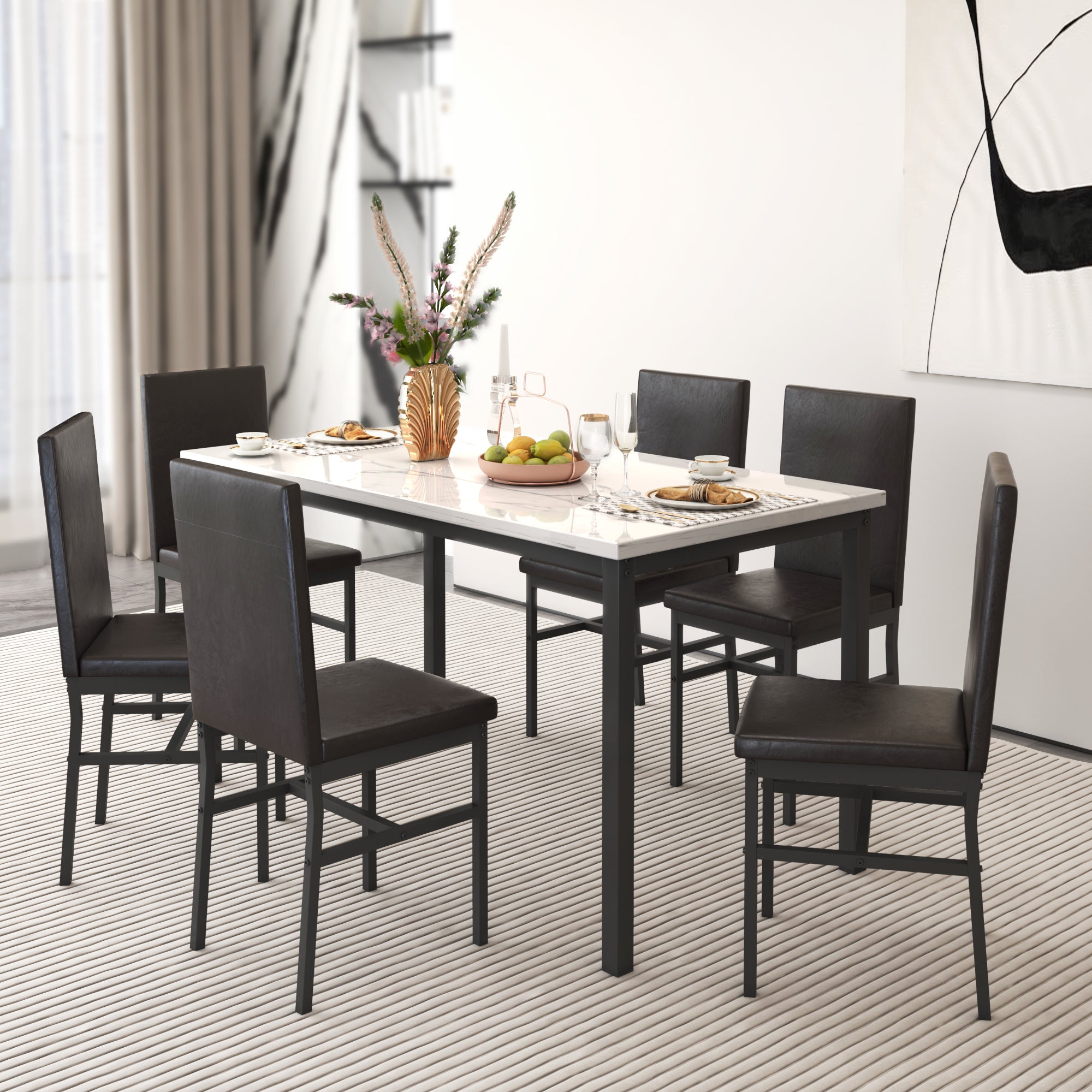 PAPROOS Dining Table Set for 4, Modern 5-Piece Kitchen Table Set with Marble Top and Faux Leather Upholstery Chairs