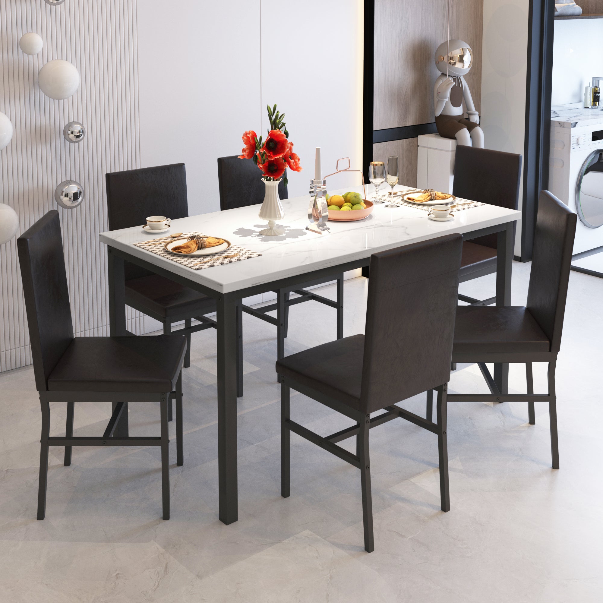 PAPROOS Dining Table Set for 4, Modern 5-Piece Kitchen Table Set with Marble Top and Faux Leather Upholstery Chairs
