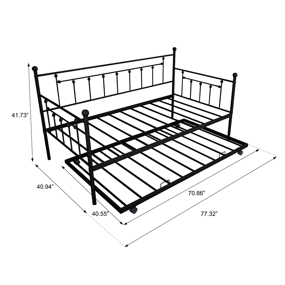 paproos Twin Size Daybed with Trundle, Heavy-Duty Steel Metal Bed Frame Space Saving, Bedroom Furniture for Living Room Guest No Box Spring Needed, Black