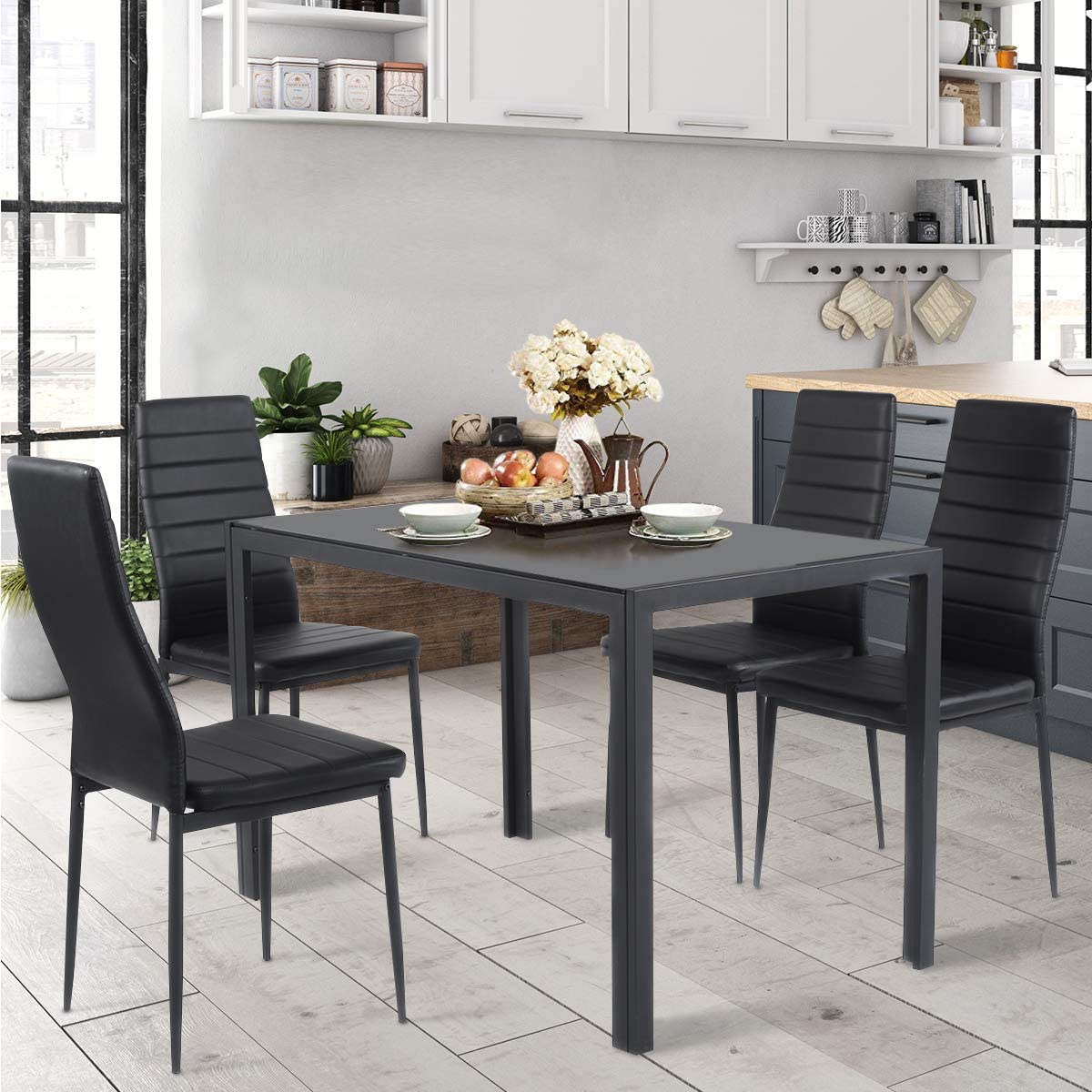 PAPROOS Dining Table Set for 4, Modern 5-Piece Kitchen Table Set with Marble Top and Faux Leather Upholstery Chairs