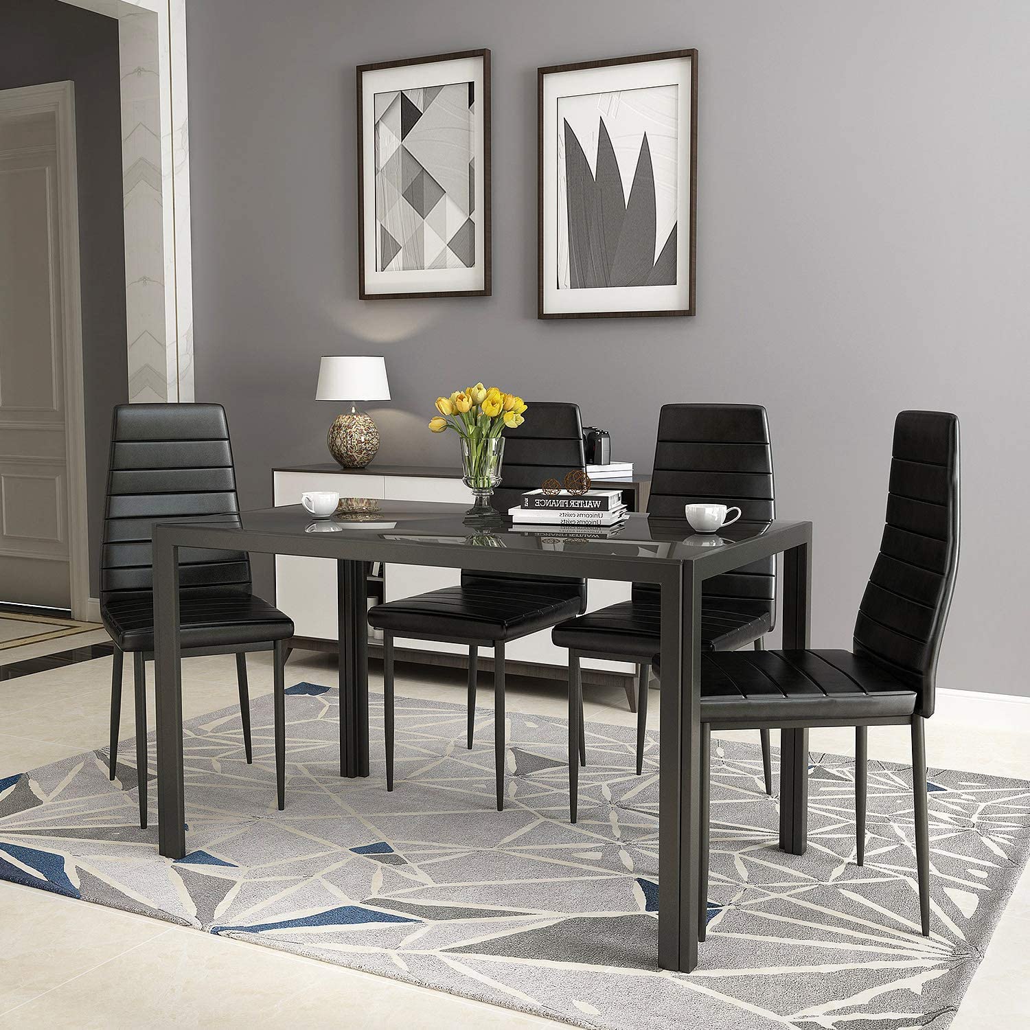 PAPROOS Dining Table Set for 4, Modern 5-Piece Kitchen Table Set with Marble Top and Faux Leather Upholstery Chairs