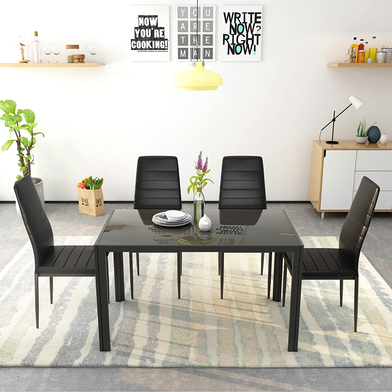 PAPROOS Dining Table Set for 4, Modern 5-Piece Kitchen Table Set with Marble Top and Faux Leather Upholstery Chairs
