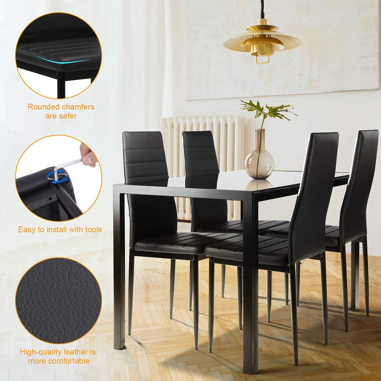 PAPROOS Dining Table Set for 4, Modern 5-Piece Kitchen Table Set with Marble Top and Faux Leather Upholstery Chairs