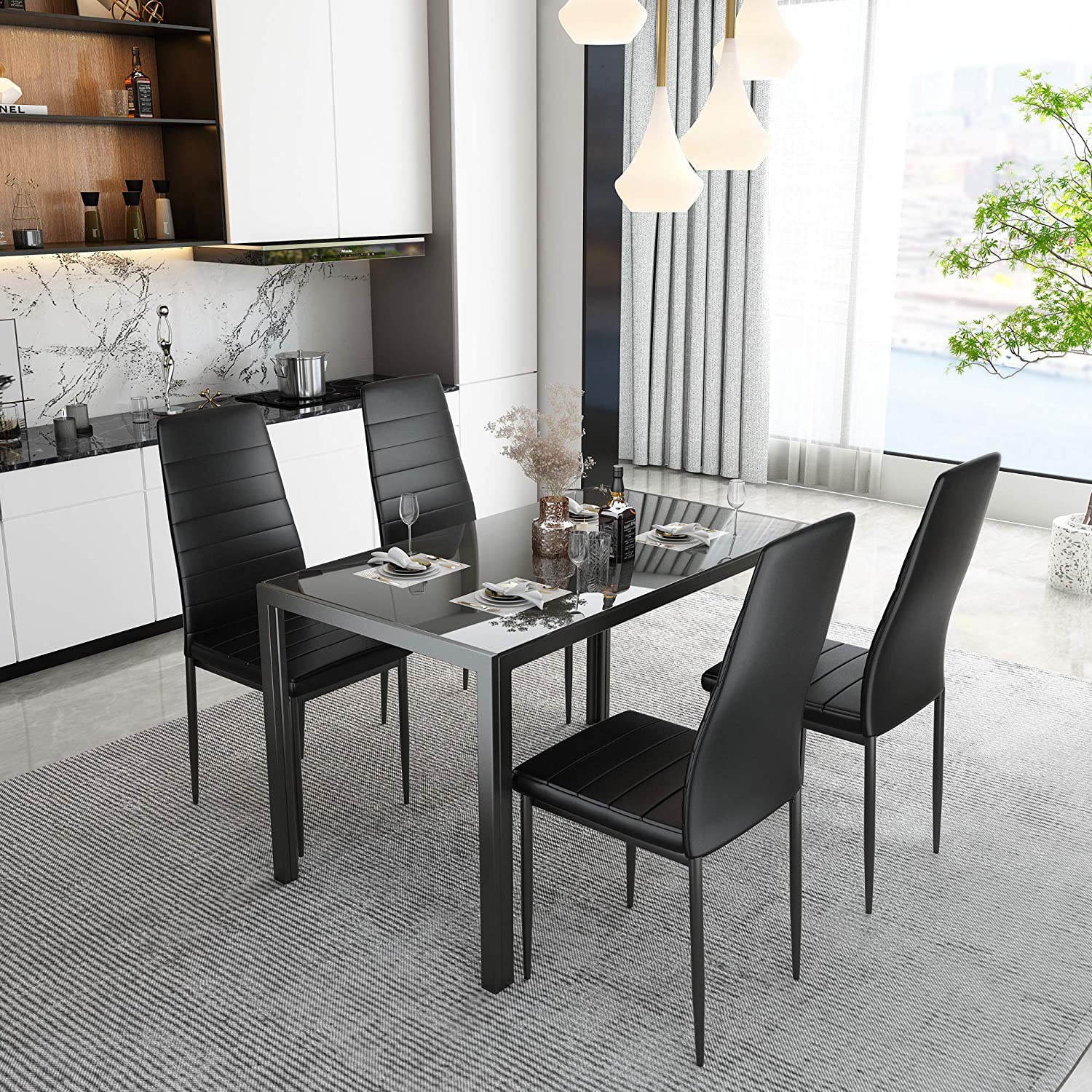 PAPROOS Dining Table Set for 4, Modern 5-Piece Kitchen Table Set with Marble Top and Faux Leather Upholstery Chairs