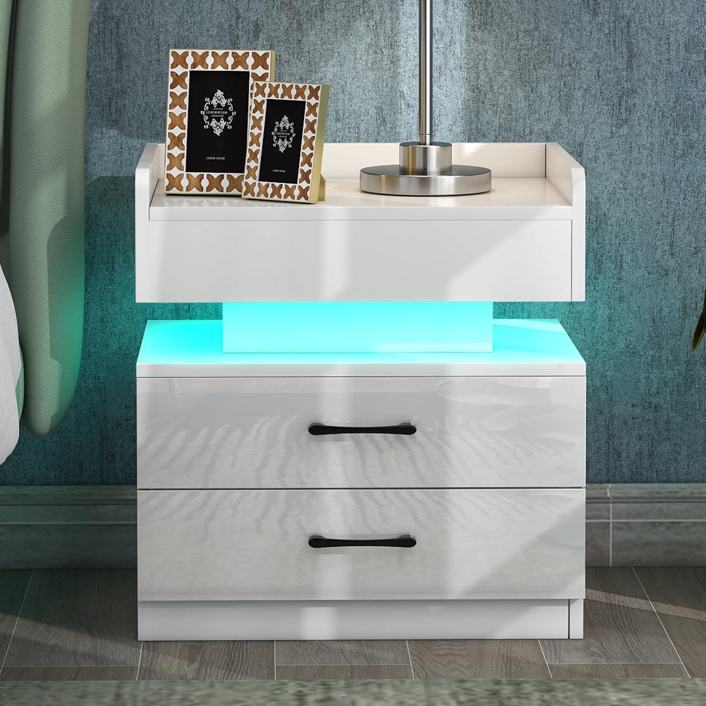paproos LED Nightstand with 2 High Gloss Drawers, Modern White Nightstand with Remote Control LED, Tall Bedside Table, Nightstand with Storage Drawers for Bedroom Living Room