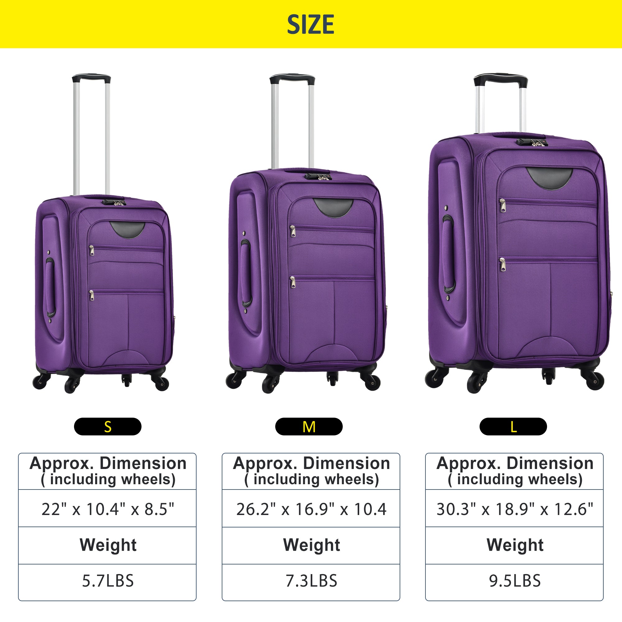 paproos 3 PCS Luggage Set, Lightweight Carry on Softside Suitcases Set, 22in 26in 30in